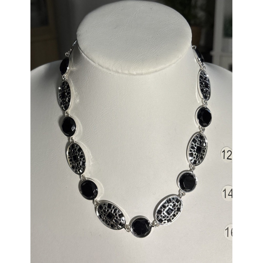 Swarovski Jet Black Crystal Oval Station Necklace Silver Tone Signed
